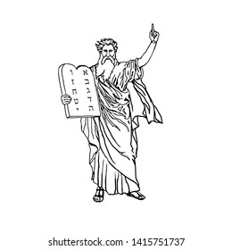 Moses holding the stone tablets with the ten commandments. Line drawing, without background, isolated. Clip art