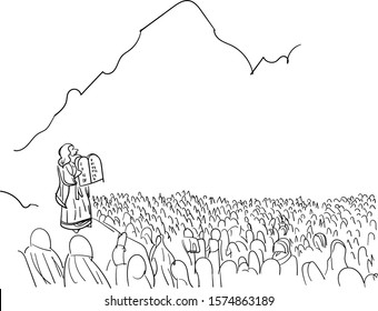 Moses leader bring Ten Commandments from god at sinai mountain. line art illustrator - vector