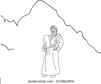 Moses leader bring Ten Commandments from god at sinai mountain. line art illustrator - vector