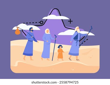 Moses leading Israelites across desert towards Promised Land flat vector illustration. Christian ancient prophet showing way through sands to characters. Bible narratives and religion concept