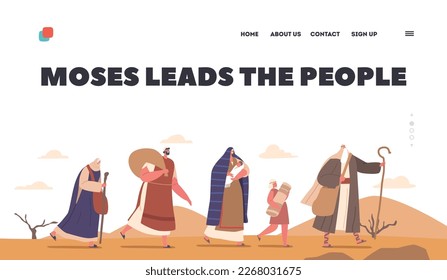 Moses Leads the People Landing Page Template. Biblical Prophet Guides Israelites Through Desert, Character with Raised Staff In Hand and Crowd Follows To Promised Land. Cartoon Vector Illustration