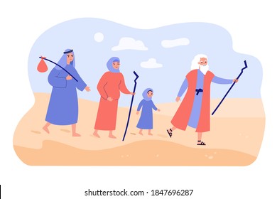 Moses The Prophet Leading Christian People Through Desert. Vector Illustration For Bible Characters, Mythology, History, Christianity Concept