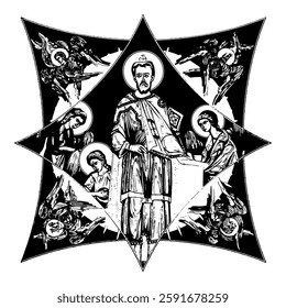 Moses prophet on cross dome with 4 apostles, angels and seraphim. Illustration in Byzantine style isolated