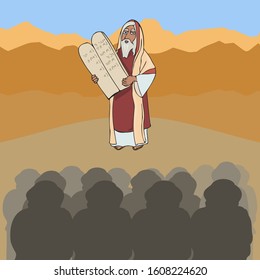 Moses The Prophet With Stone Tablets, Colorful Vector Scene From Ancient Jewish History
