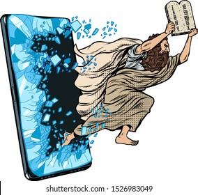 Moses the prophet with the tablets of commandments. Christian online news concept. Phone gadget smartphone. Online Internet application service program. Pop art retro vector illustration drawing