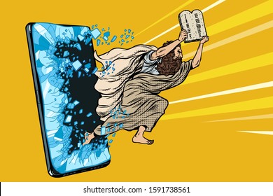 Moses the prophet with the tablets of commandments. Christian online news concept. Phone gadget smartphone. Online Internet application service program. Pop art retro vector illustration drawing