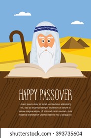 Moses reading  Passover Haggadah on Egypt background