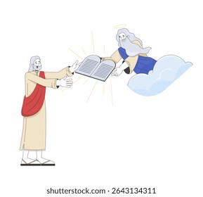 Moisés recebeu dez mandamentos de personagens bíblicos de Deus 2D. Figura divina em nuvens entregando tábuas de pedra para pessoas vetor liso robed man isoladas no branco. Ilustração especial colorida