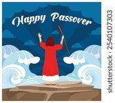 Moses with a rod parted the Red Sea. Ancient Israelite beliefs. Passover Day concept. Flat vector illustration.