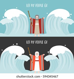 moses separate the sea in exodus, flat design vector
