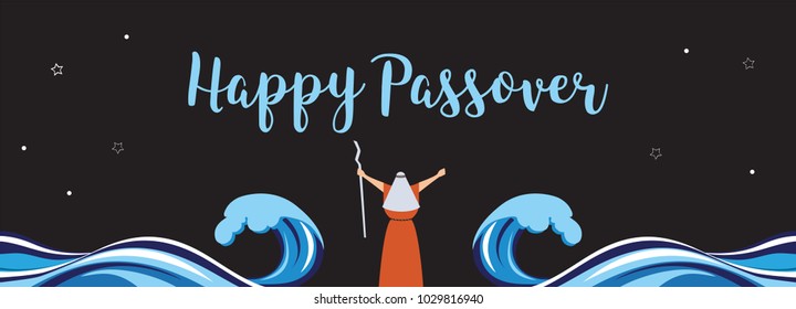 Moses separate sea for Passover holiday over night background, flat design. vector illustration