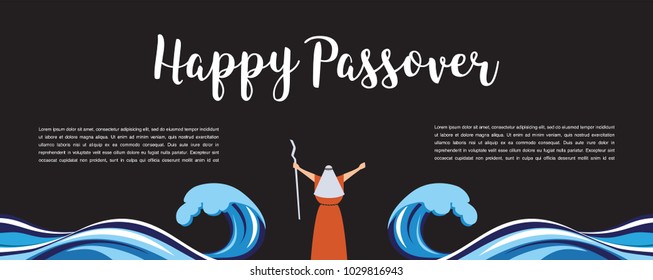 Moses separate sea for Passover holiday over night background, flat design. vector illustration