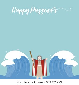 Moses Separate Sea For Passover Holiday, Flat Design Vector