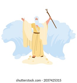 Moses Separate Sea Water Waves In Exodus Vector. Moses Biblical And Jewish Religion Person, Jews Liberty Guide With Stick Doing Miracle For Escape. Character Flat Cartoon Illustration