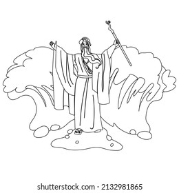 Moses Separate Sea Water Waves In Exodus Black Line Pencil Drawing Vector. Moses Biblical And Jewish Religion Person, Jews Liberty Guide With Stick Doing Miracle For Escape. Character Illustration