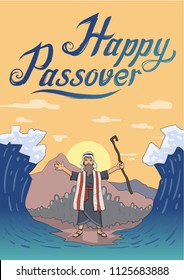 Moses separates sea for Passover holiday over mountain background. Exodus, Pesach. Card design with lettering. Flat vector illustration. Vertical.