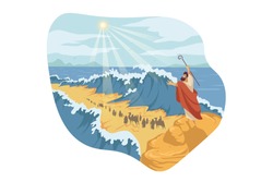 Moses, separation of Red Sea, Bible concept. Prophet Moses holds out his staff and Red Sea was separated by God power. Biblical illustraton of jews exodus from Egypt in cartoon style. Vector flat
