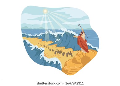 Moses, separation of Red Sea, Bible concept. Prophet Moses holds out his staff and Red Sea was separated by God power. Biblical illustraton of jews exodus from Egypt in cartoon style. Vector flat