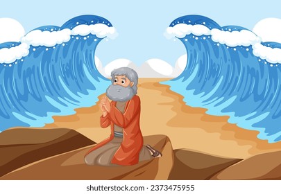 Moses sitting on a rock, praying, in a biblical scene