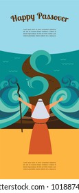 Moses Splitting The Red Sea And Ordering Let My People Go Out Of Egypt. Story Of Jewish Holiday Passover. Vector Illustration