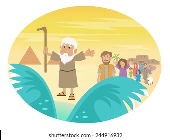 Moses Splitting The Sea - Cute Cartoon Of Moses Splitting The Red Sea With The Israelite Leaving Egypt. Eps10