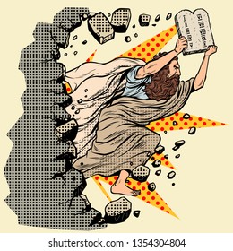 Moses with tablets of the Covenant 10 commandments breaks a wall, destroys stereotypes. Christian and Jewish religion. Old Testament prophet character. Pop art retro vector illustration vintage kitsch