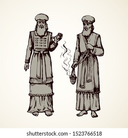 Moses torah historic divine culture. Old bearded Aaron in tunic, turban with censer of incense. Line black ink hand drawn judaic levit leader picture sketch in vintage art east engrave cartoon style