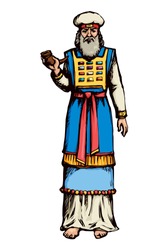 Moses Torah Historic Divine Ministry Culture. Old Righteous Bearded Aaron With Tunic, Turban, Horn Of Anoint Oil. Bright Blue Color Hand Drawn Judaic Levit Leader Picture Sketch In Vintage East Art