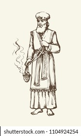 Moses torah historic divine ministry culture. Old bearded Aaron in tunic, turban with censer of incense. Line black ink hand drawn judaic leader sketch in vintage art east engrave style pen on paper