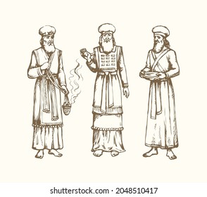 Moses torah historic divine ministry culture. Old bearded Aaron in tunic, turban with blood of sacrifice sin. Line black ink hand drawn judaic levit leader sketch vintage art east engrave silhouette