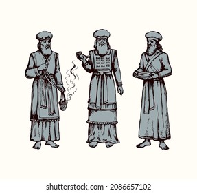 Moses torah historic divine ministry culture. Old bearded Aaron in tunic, turban with censer of incense. Line black ink hand drawn judaic levit leader picture sketch in vintage art east engrave silhou