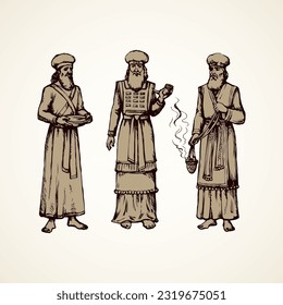 Moses torah historic divine ministry culture. Old bearded Aaron in tunic, turban with censer of incense. Line black ink hand drawn judaic levit leader sketch vintage art east engrave silhouette style