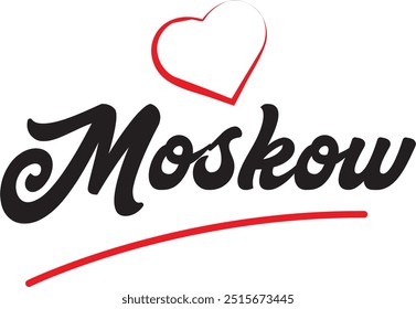 Projeto de texto da cidade de Moscou com design de ícone tipográfico de coração vermelho adequado para promoção turística