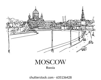 MOSKVA RIVER, MOSCOW, RUSSIA: Panoramic view of the Great Stone Bridge, the Kremlin and the Cathedral of Christ the Saviour. Hand drawn sketch. Poster, postcard, calendar