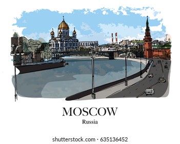 MOSKVA RIVER, MOSCOW, RUSSIA: Panoramic view of the Great Stone Bridge, the Kremlin and the Cathedral of Christ the Saviour. Hand drawn sketch. Poster, postcard, calendar