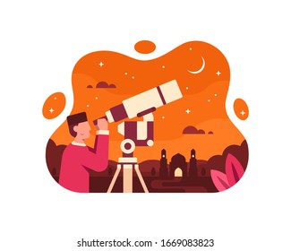 A Moslem Astronomer Seeing the Crescent Using a Telescope Vector