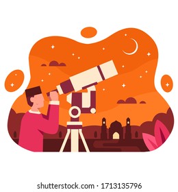 A moslem astronomer seeing the crescent using a telescope