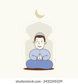 Moslem boy cartoon, doodle, Islamic element for event Ramadan, Eid Mubarak