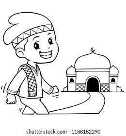 Moslem Boy Character Going To Mosque BW.