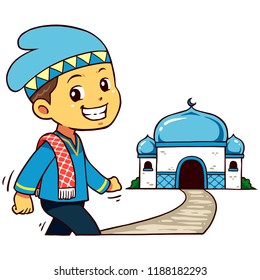 Moslem Boy Character Going To Mosque.