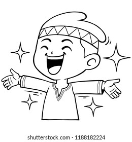 Moslem Boy Character Pose Happy And Welcoming BW.