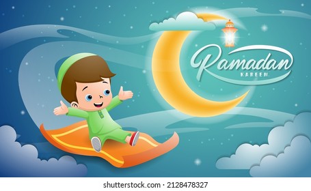 Moslem boy flying on rug across crescent moon at Ramadan night, vector cartoon illustration