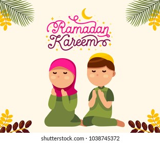 Moslem boy and girl with beautiful ramadan kareem text vector illustration