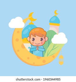 Moslem boy greeting ramadan kareem islamic Premium Vector

