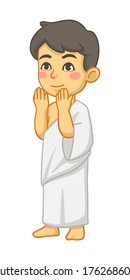 Moslem boy hajj wearing ihram pilgrimage to mecca cartoon full body vector
