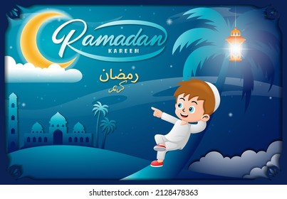 Moslem boy lying down on palm tree at Ramadan night, vector cartoon illustration