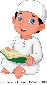 Moslem boy reading quran isolated on white background