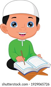 Moslem boy reading quran isolated on white background