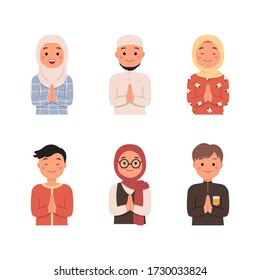 Moslem Charakter Avatar gesetzt mit Grußposie. Mann und Frau in islamischer Manier und Hijab. Ramadan Kareem. Eid fitr.