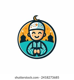 Moslem Child Simple and modern blue and yellow color circle logo for ramadhan This logo visualizes the innocence of a child with his hands depicting gratitude. The moon icon and stars behind the Child
